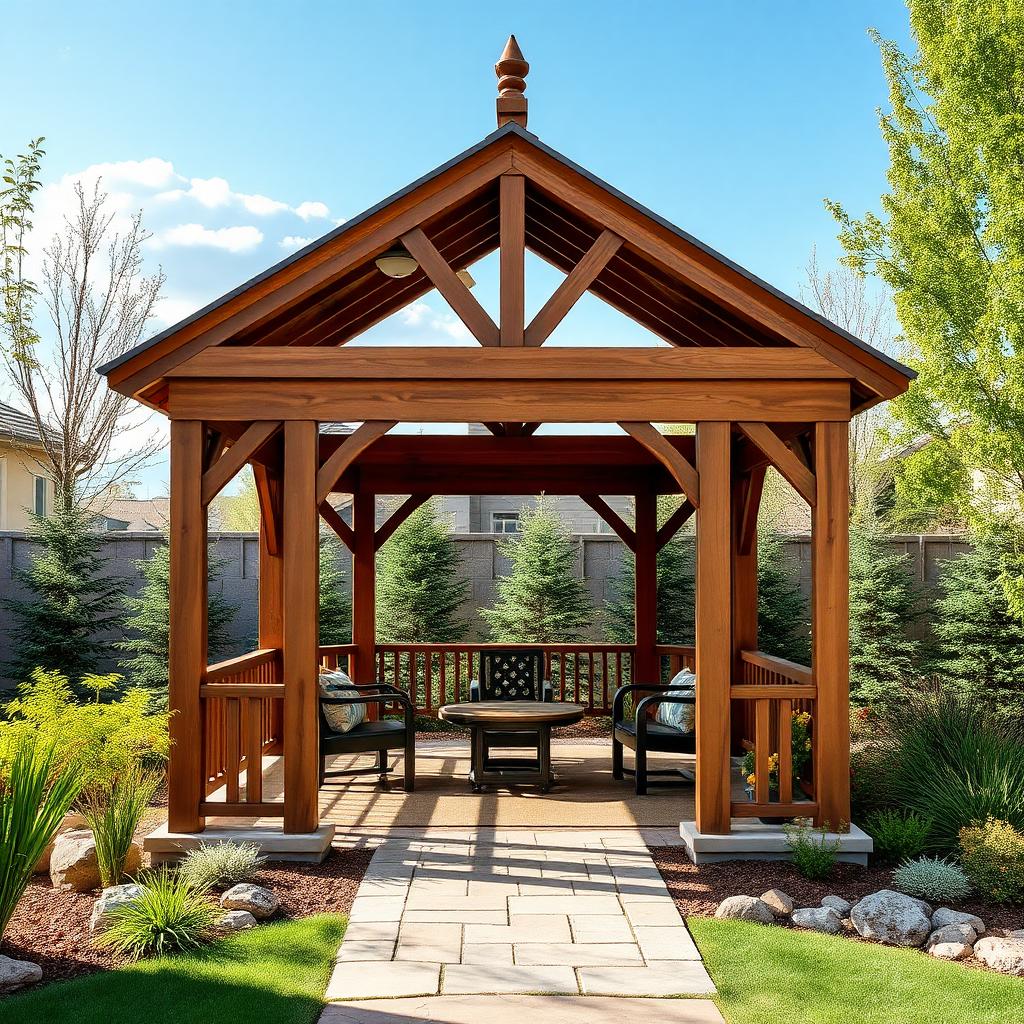 Elegant freestanding wood gazebo in a landscaped Utah backyard