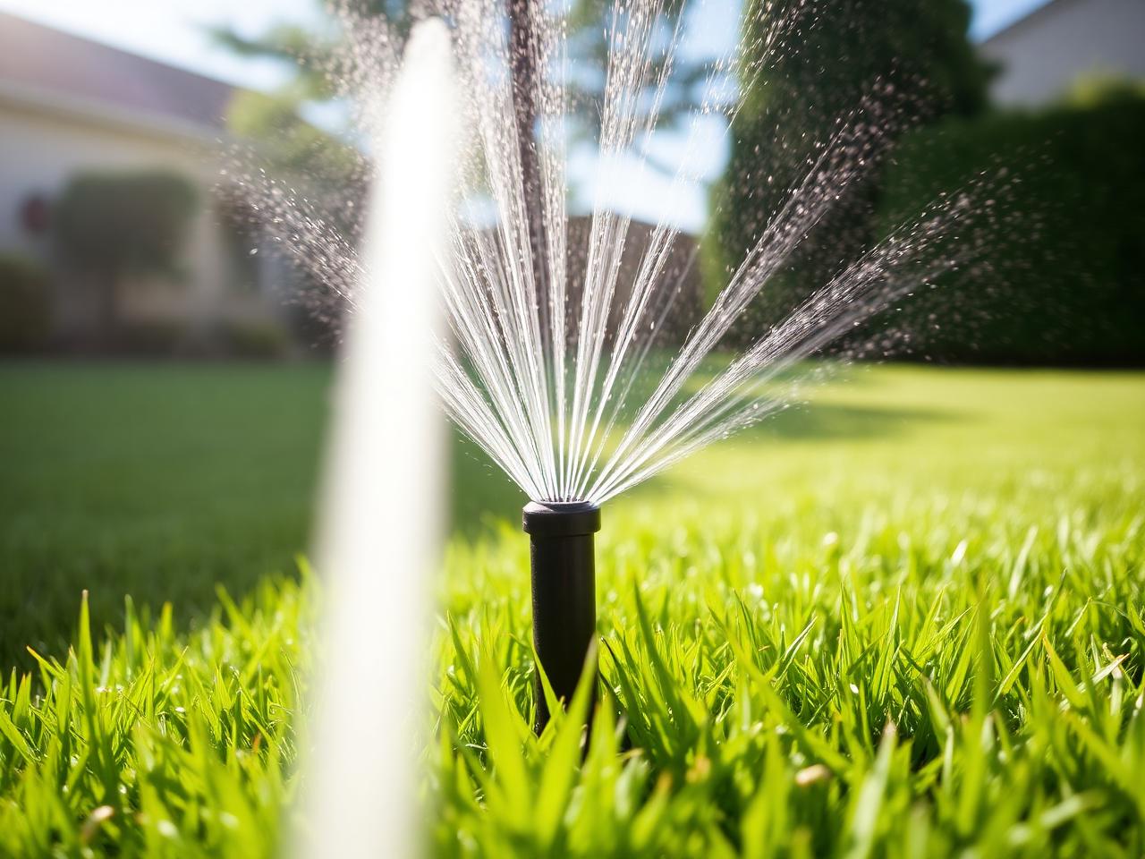 Pop-up sprinkler head watering a healthy green Utah lawn