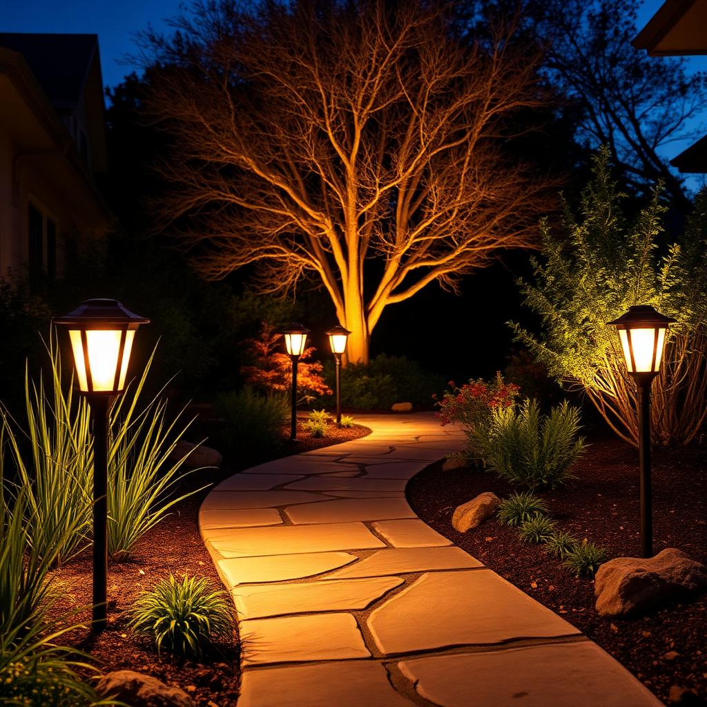 Warm LED landscape pathway lights illuminating a Utah garden walkway at twilight