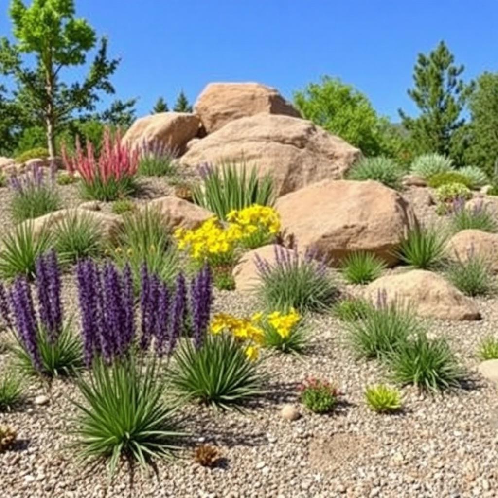 Beautifully designed Utah xeriscape with drought-tolerant plants and decorative boulders